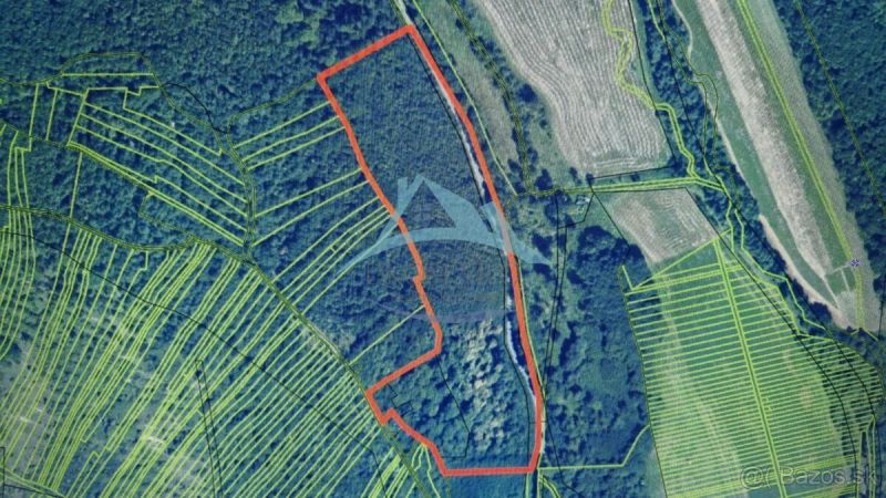 Zemědělské a lesní pozemky v Dolních Strhárech, vymezené červenou čarou na mapě.