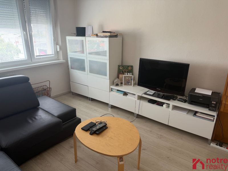 Obývací pokoj v 2pokojovém bytě s podlahou s dřevěným dekorem a moderním nábytkem.