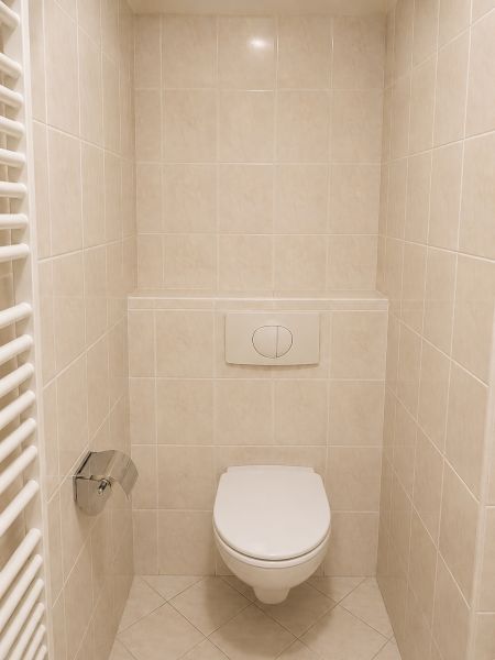 Koupelnové WC ve 2pokojovém bytě s dlažbou a nástěnným splachovacím zařízením.