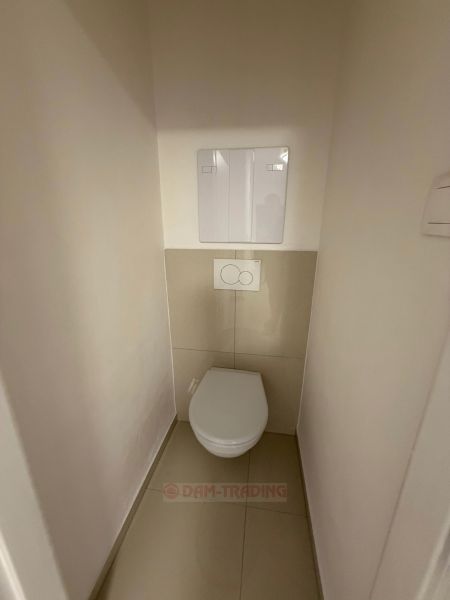 Koupelna s toaletou ve 2-pokojovém bytě, světlé stěny, keramická dlažba.