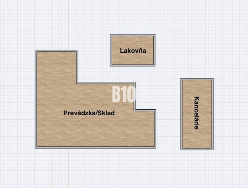 Půdorys průmyslové nemovitosti s provozem/skladem, lakovnou a kancelářemi.