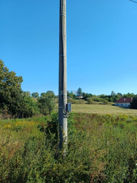 Telefonní sloup na pozemku pro bydlení na Hlavní ulici, Ceroviny, obklopený přírodou.
