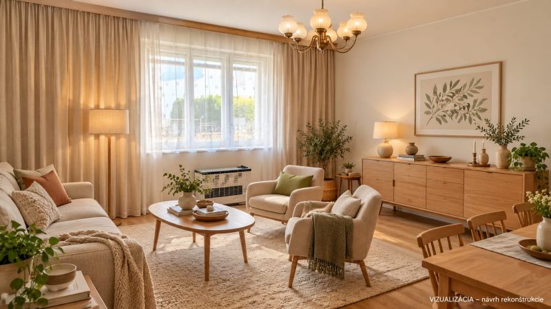 Obývací pokoj s podlahou s dřevěným dekorem v rodinném domě. Elegantní nábytek a dekorace.