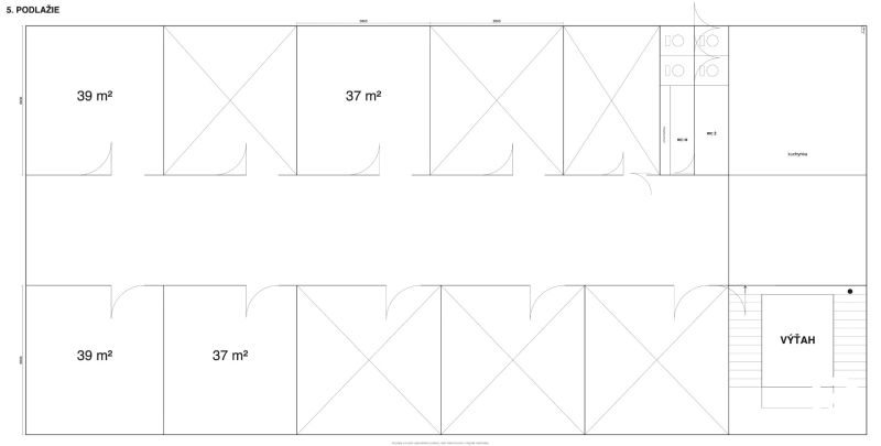 Půdorys kanceláří s rozlohami 37 a 39 m² na pátém patře.
