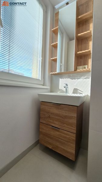 Koupelna s umyvadlem a skříňkou s dřevěným dekorem v 1-pokojovém bytě.