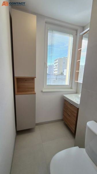 Koupelna v 1-pokojovém bytě s elegantní skříňkou a výhledem přes okno.