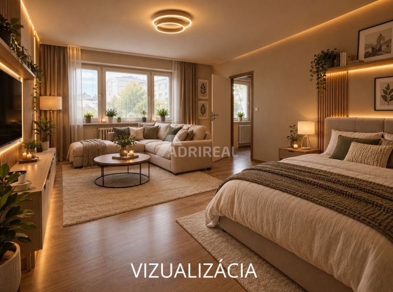 Elegantní obývací pokoj s pohodlným nábytkem a podlahou s dřevěným dekorem.