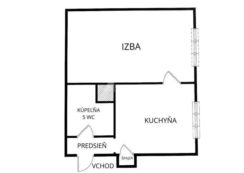 Plán 1-pokojového bytu s kuchyní, koupelnou a předsíní.