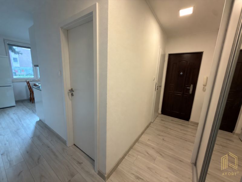 Světlá chodba v 2-pokojovém bytě s podlahou s dřevěným dekorem.