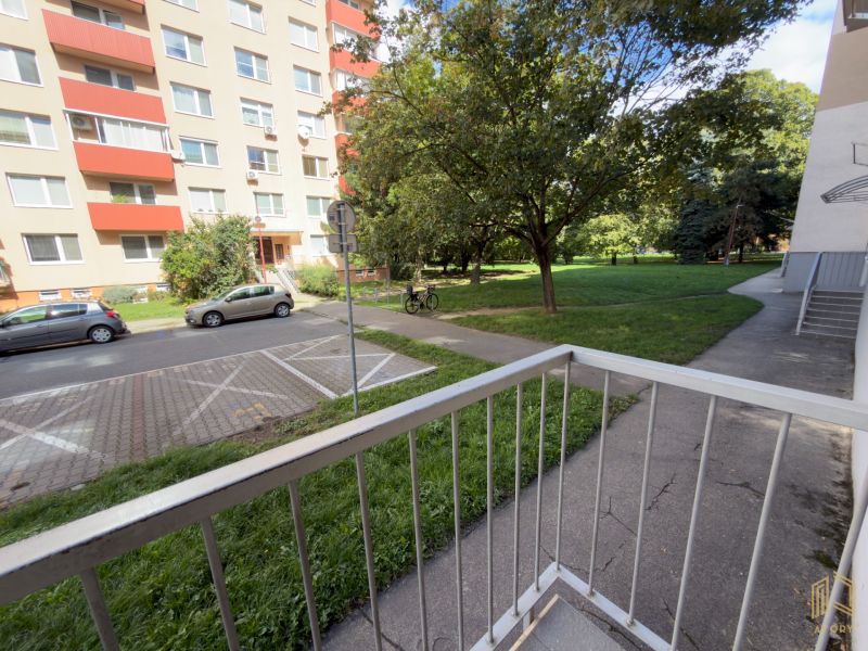 Výhled na ulici Štefánikova z 2pokojového bytu v Senici s přilehlými stromy.
