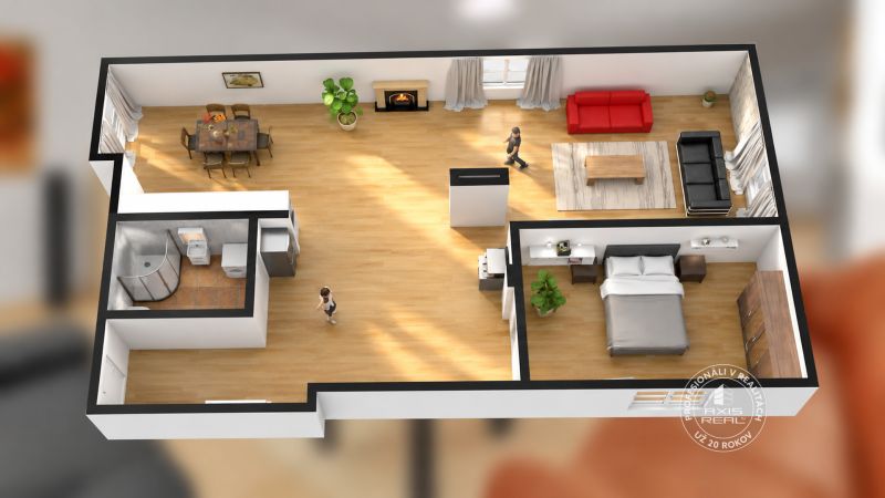 3D půdorys zobrazuje rozložení 2-pokojového bytu s podlahou s dřevěným dekorem.