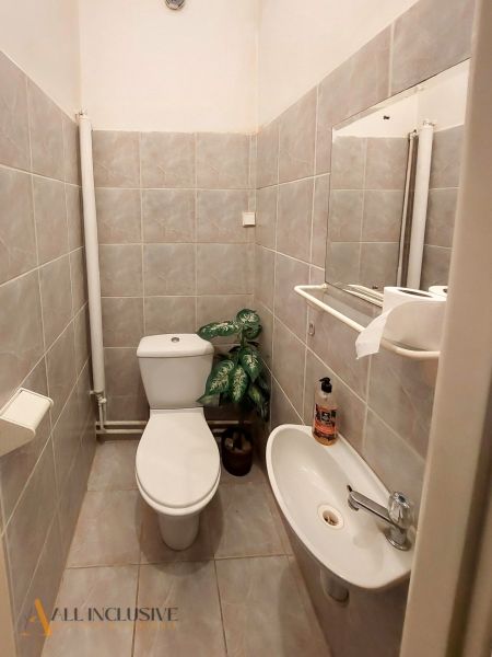 Koupelna v 2-pokojovém bytě s dlaždicemi, umyvadlem, toaletou a dekorativní rostlinou.
