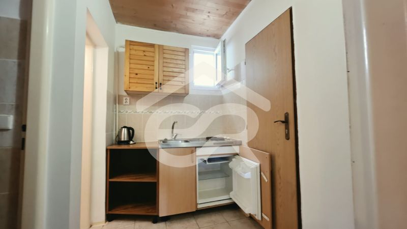 Kuchyňský kout v Rekreačním apartmánu s dřevěnými skříňkami, dřezem a mini ledničkou.