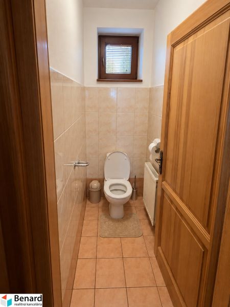 Interiér koupelny rodinného domu s toaletou, oknem a dlažbou.