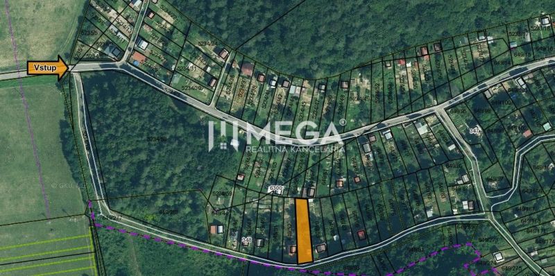 Mapa zahrad v Humenném zobrazuje pozemky se zakreslením vstupu do oblasti.