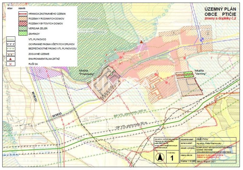 Mapa ukazuje plánované pozemky pro bydlení v lokalitě Ptičie na ulici Ptičie.