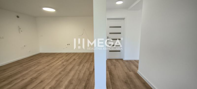 Prostorný prostor se světlými stěnami a podlahou s dřevěným dekorem ve 4pokojovém bytě.