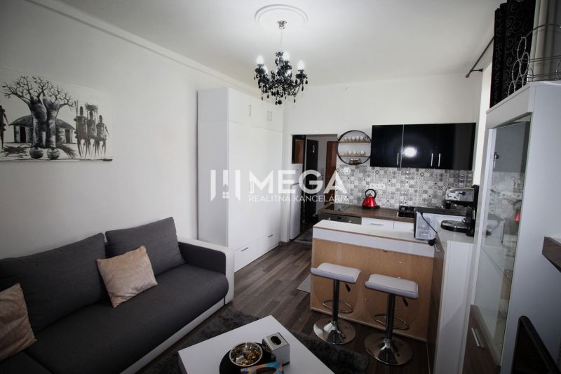 Kuchyně rekreačního apartmánu s pultem, podlahou s dřevěným dekorem a šedou sedačkou.