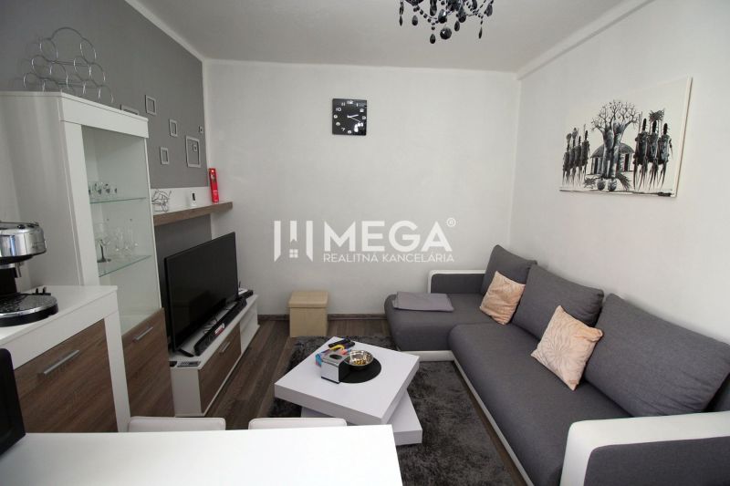 Obývací pokoj rekreačního apartmánu s šedou sedačkou, TV a podlahou s dřevěným dekorem.