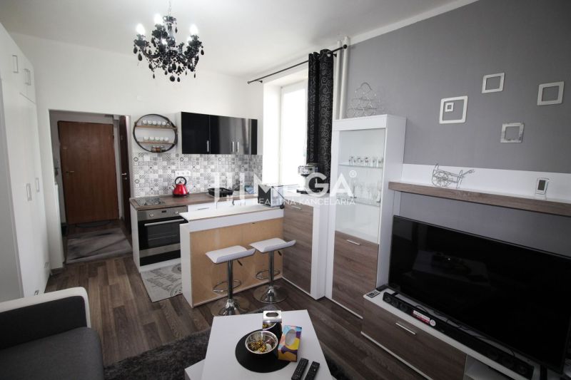 Kuchyně v rekreačním apartmánu se sedací soupravou a podlahou s dřevěným dekorem.
