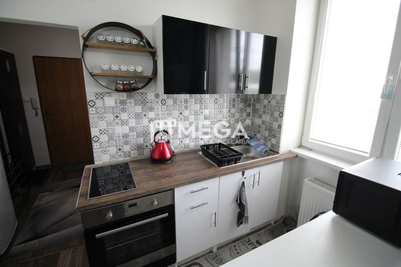 Kuchyně rekreačního apartmánu s černými skříňkami, varnou deskou a dekorativním obkladem.