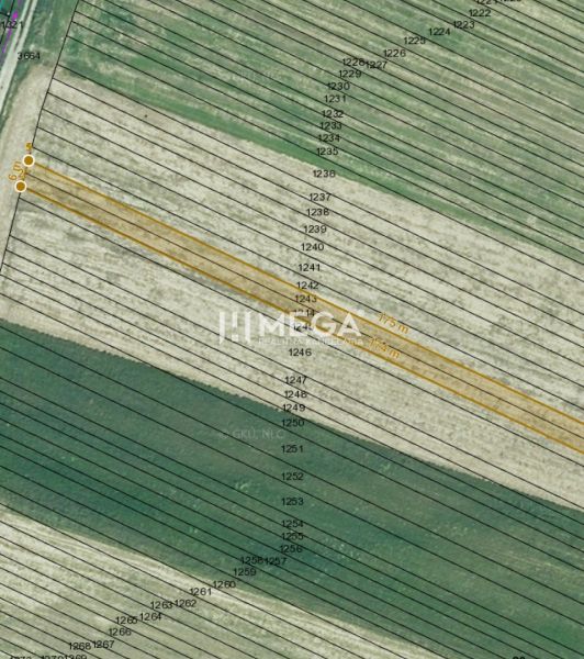 Letecká mapa pozemků v Jasenově určených k bydlení, s přesnými hranicemi parcel.