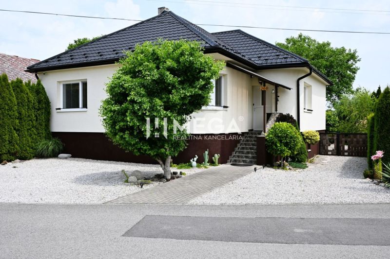 Rodinný dům v Udavském s upravenou zahradou, s chodníkem a okrasnými keři.