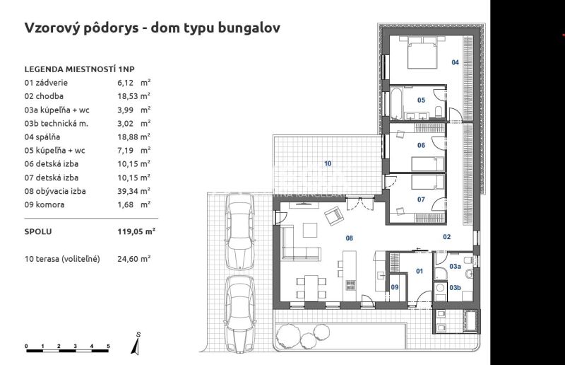 Půdorys bungalovu se třemi pokoji a terasou v rodinném domě.