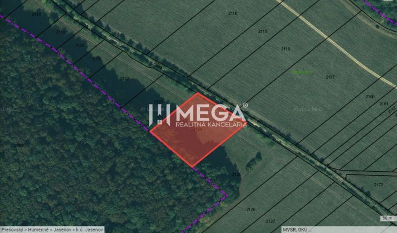 Letecká mapa v Jasenově na Jasenov ulici, znázorňující pozemky a zvláštní nemovitosti.