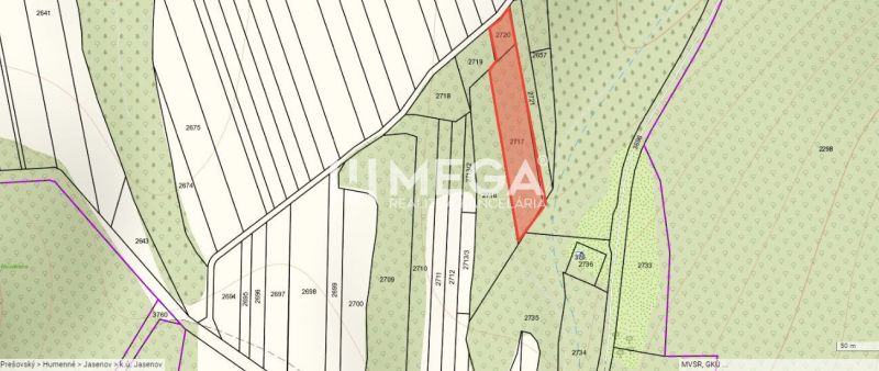 Katastrální mapa v oblasti Jasenov, ulice Jasenov, se zvýrazněnou plochou pro zvláštní nemovitosti.