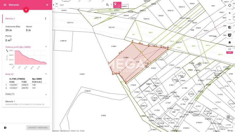 Mapa pozemků k bydlení ve Vinném s informativním měřením a parcelními hranicemi.
