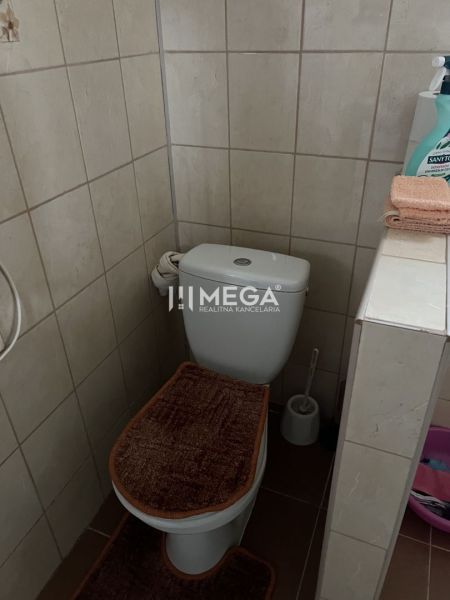 Koupelna v rodinném domě s toaletou, dlažba a nástěnné obklady.