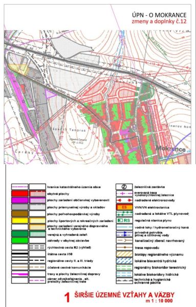 Územní plán v Mokrancích, znázorněné různé plochy a infrastruktura pro Pozemky - bydlení.
