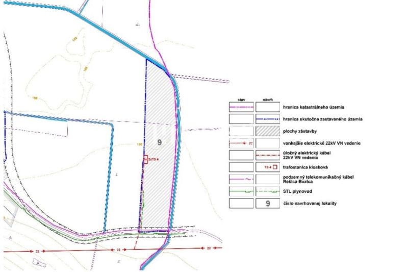 Katastrální mapa se síťovou infrastrukturou a legendou v Rešici, Zvláštní nemovitosti plochy výstavby.