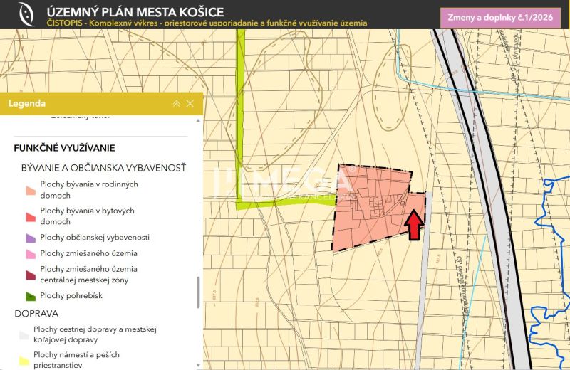 Mapa územního plánu pro Košice IV, Rešov majer, zaměřená na pozemky - bydlení.