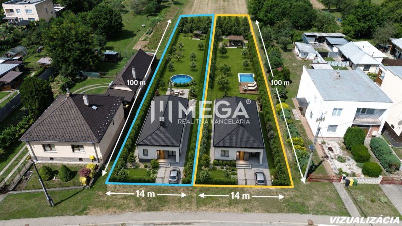 Pozemky - bydlení v Jasenově s domy, zahradami a venkovním bazénem.