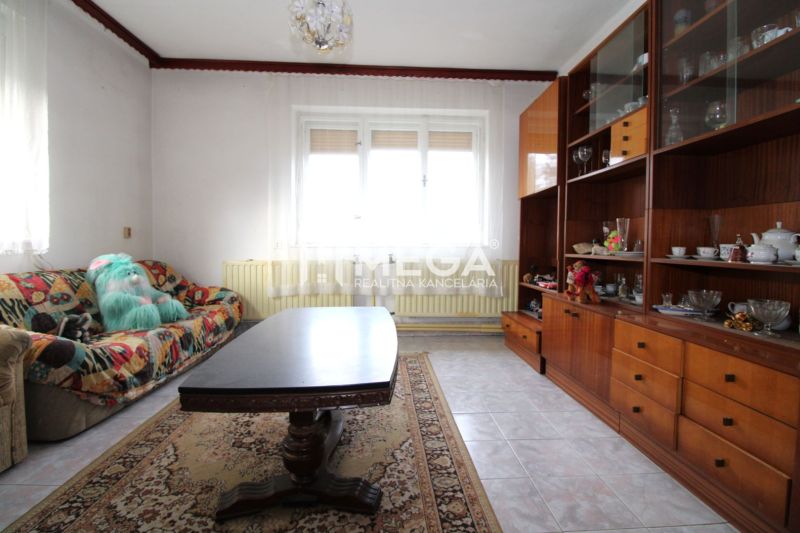 Obývací pokoj s koberci, rozkládací pohovkou a nábytkem v rodinném domě.