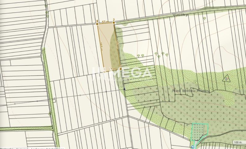 Mapa zemědělských a lesních pozemků v Lackovcích s vyznačeným pozemkem.