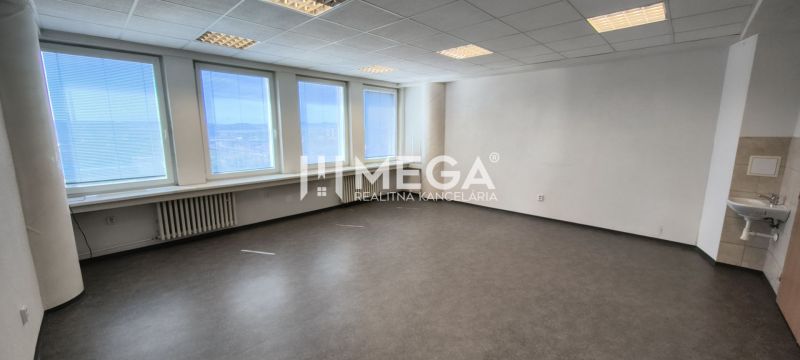 Prostorné kanceláře s několika okny a podlahou s dřevěným dekorem.