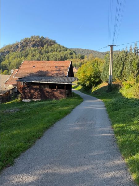 Cesta v Košeckém Podhradí vede kolem domů, lemovaná zelení a kopci. Pozemky - bydlení.