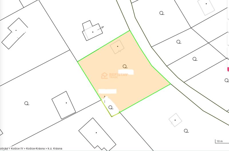 Mapa pozemků na Šípkové ulici v části Zahrady, Košice - městská část Krásná.