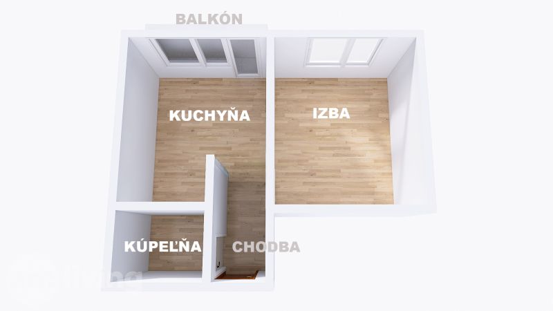Půdorys 1-pokojového bytu s kuchyní, pokojem, koupelnou a podlahou s dřevěným dekorem.