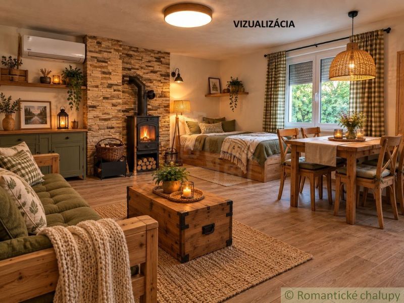 Útulná chata s krbem, dřevěným dekorem, rustikálním nábytkem a příjemnou atmosférou.