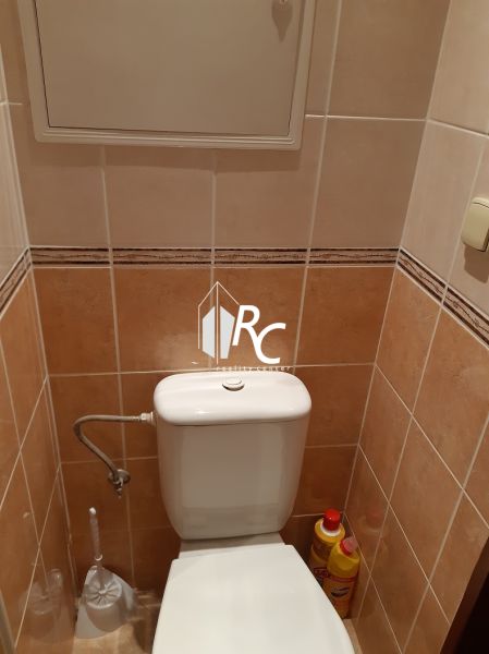 Koupelna s toaletou v 2-pokojovém bytě, světlé obklady, čisticí prostředky, splachovací nádržka.