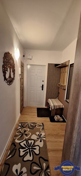 Předsíň v 3-pokojovém bytě s podlahou s dřevěným dekorem a kobercem s květinami.