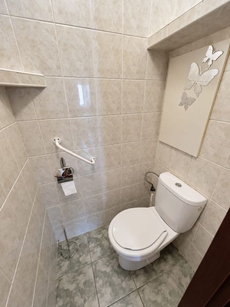 Toaleta s keramickým obkladem a motivem motýlů ve 3-pokojovém bytě.