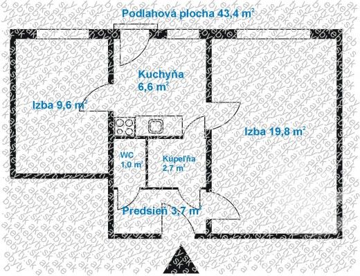 Půdorys 2pokojového bytu s kuchyní, koupelnou a předsíní, podlahová plocha 43,4 m².