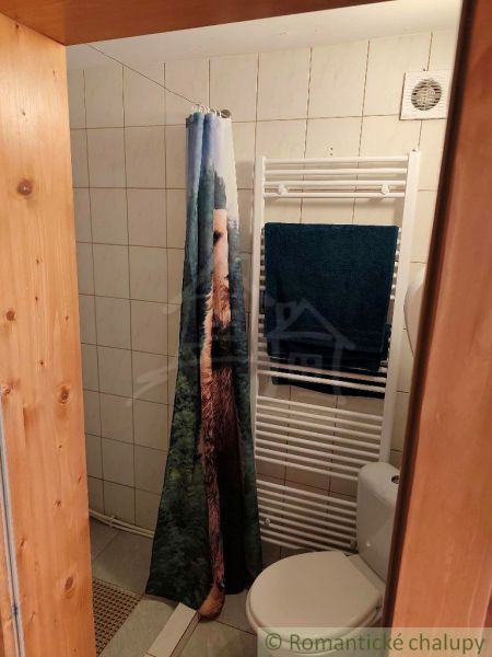 Koupelna v chatě s kachličkovou stěnou, závěsem a topným tělesem.