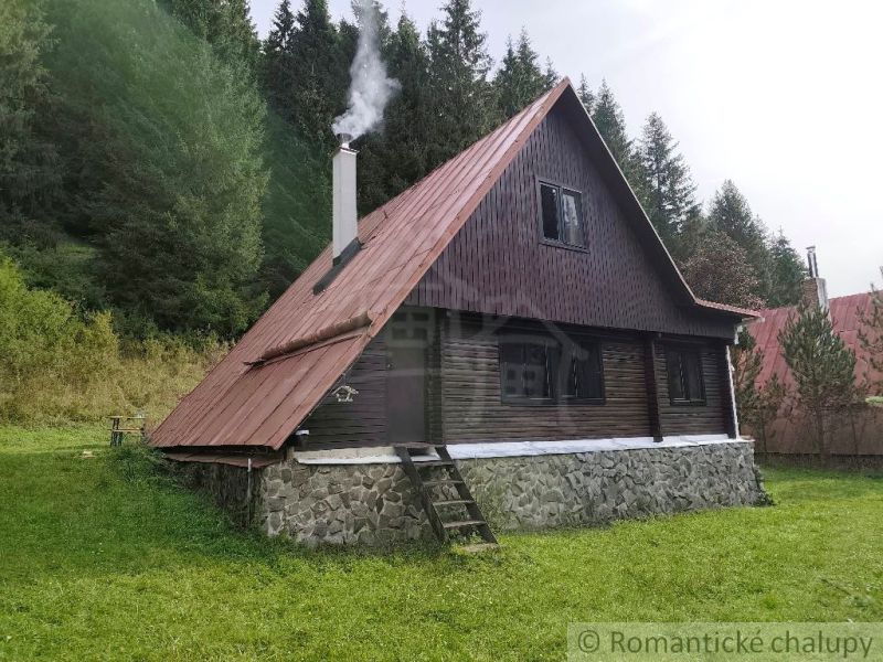 Chata v Rajecké Lesné obklopená lesem s kouřem z komína.
