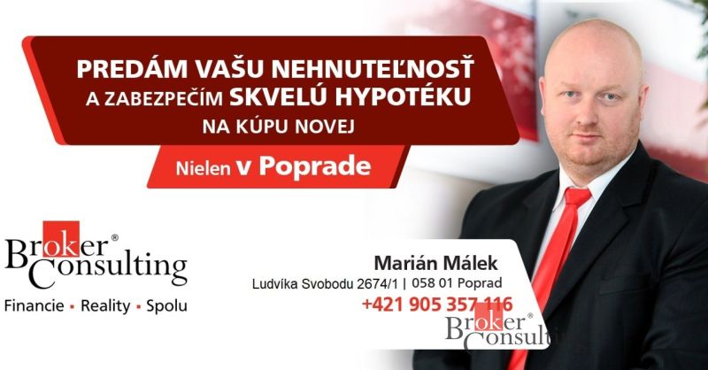 Reklama na realitní služby a hypoteční poradenství, kontaktní údaje a fotografie muže.